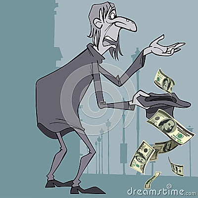 Cartoon homeless man gets alms dollars Vector Illustration