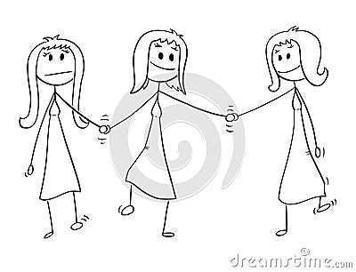 Cartoon of Homosexual Couple of Two Lesbian Women Walking and Holding Hands, One of Them is Also Holding Hand of Another Vector Illustration