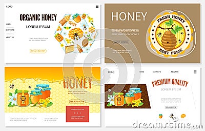 Cartoon Honey Websites Set Vector Illustration