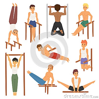 Cartoon horizontal chin-up strong athlete man gym doing bar exercise street workout tricks muscular fitness sport Vector Illustration