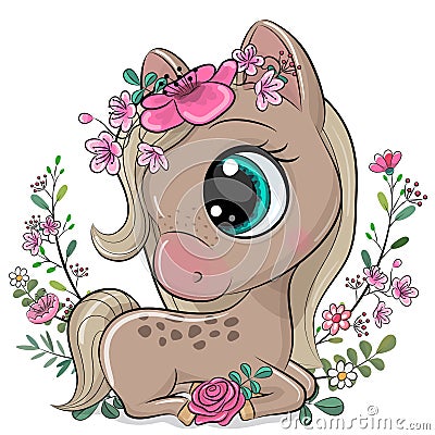 Cartoon Horse with flowers on a white background Vector Illustration