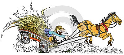 Cartoon horse pulled a wooden cart with hay Vector Illustration