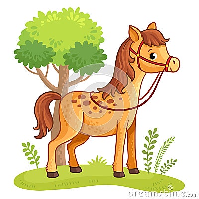 Cartoon horse standing in a meadow. Cartoon Illustration