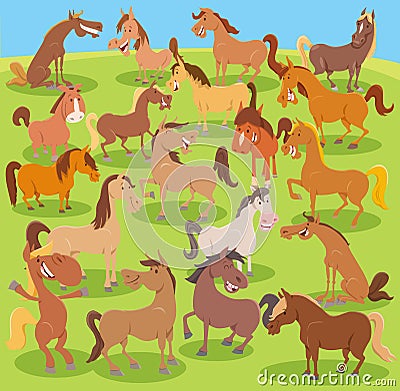 Cartoon horses farm animals comic characters group Vector Illustration