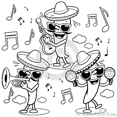 Cartoon hot mariachi peppers. Vector black and white coloring page. Vector Illustration