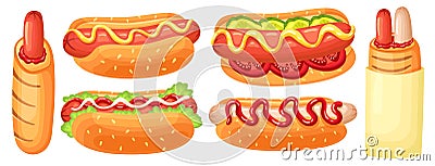 Cartoon hotdog. French hot dog, street food with sausage, sause and sesame seeds bun vector illustration set Vector Illustration