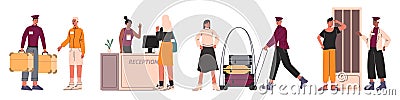 Cartoon hotel visitors. Guesthouse employees. Motel workers and guests. People with luggage. Check in at reception Vector Illustration