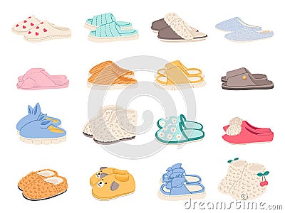 Cartoon house colorful slippers. Female and male indoor shoes, cozy flip flops, warm home footwear, cute animal muzzles Cartoon Illustration