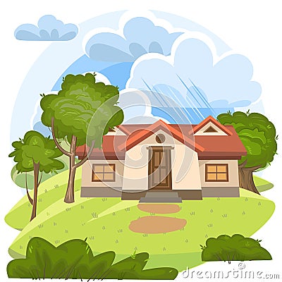 Cartoon house in the meadow. Beautiful view. Clouds. Cozy rustic dwelling in a traditional European style. Rural Vector Illustration