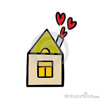 Cartoon house with window. Smoke in shape of hearts is coming out of chimney. Cozy family nest with love. Vector Vector Illustration