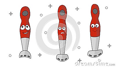 Cartoon household appliances set with three blenders with a red handle. Three emotions: joy, embarrassment, upset. To create icons Vector Illustration