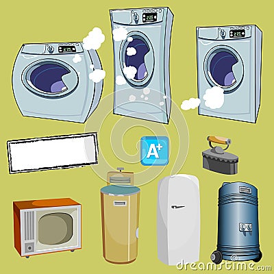 Cartoon household items different washing machine Vector Illustration