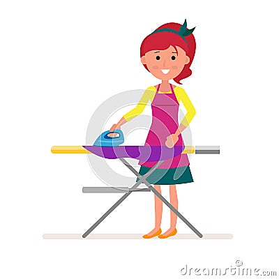 Cartoon Housekeeper or servant housewife ironing clothes on ironing board. Concept design housework in flat style. Vector Illustration