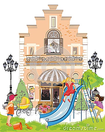 Cartoon houses with children and a playground. Vector Illustration