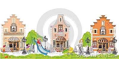 Cartoon houses with children and a playground. Vector Illustration