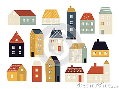 Cartoon houses. Various small cute houses, simple home facade with doors and windows, building exterior, cottage village Vector Illustration