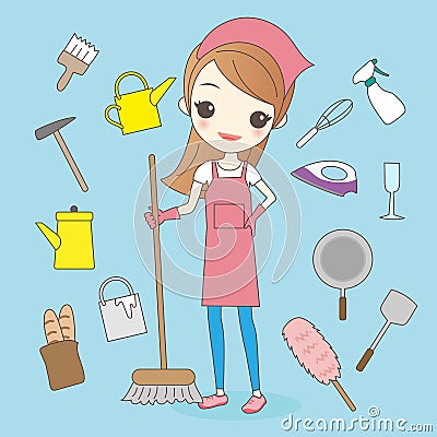 Cartoon housewife do housework cleaning Vector Illustration