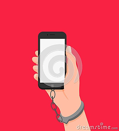 Cartoon human hand in handcuffs hold smartphone with white empty screen isolated on red Vector Illustration