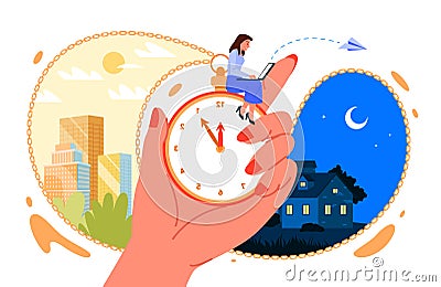 Cartoon human hand holding vintage clock with chain and woman sitting with laptop, night and day city scenes around Vector Illustration