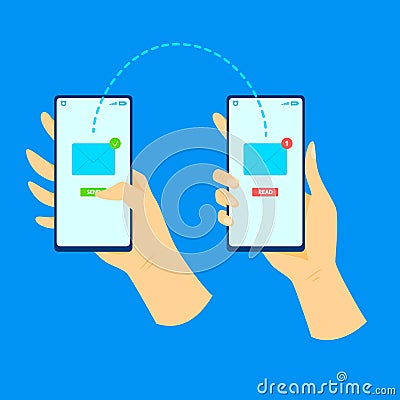 Cartoon Human Hand Using Mobile Phone Sending Love Message Concept. Vector Vector Illustration