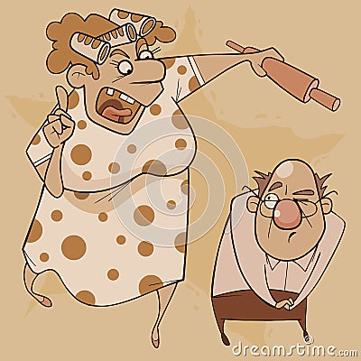 Cartoon hysterical woman in anger swings a rolling pin at her husband Vector Illustration