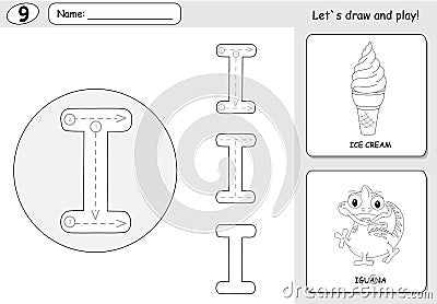 Cartoon ice cream and iguana. Alphabet tracing worksheet: writing A-Z and educational game for kids Vector Illustration