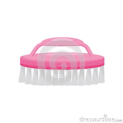 Flat vector icon of bright pink plastic nail brush. Cleaning hand tool for manicure and pedicure. Beauty theme Vector Illustration