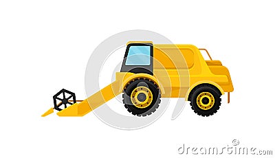 Bright yellow combine harvester. Farm equipment. Modern agricultural vehicle. Flat vector element for web site Vector Illustration