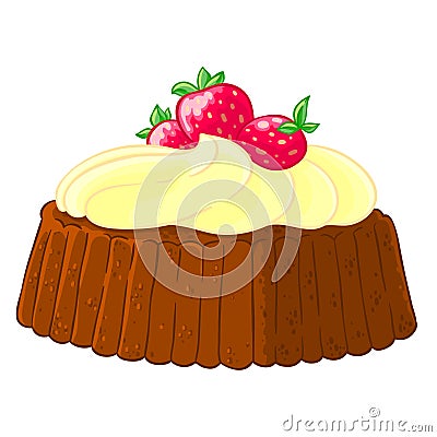 Cartoon icon of a cupcake with lemon meringue and strawberries. Vector Illustration