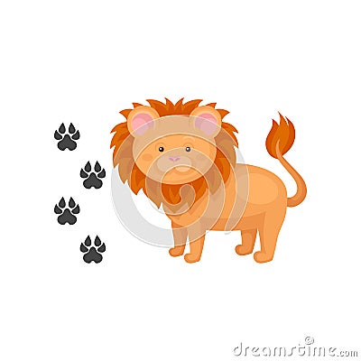 Cartoon icon of cute lion and his footprints. Wild African animal. Flat vector element for children book or mobile game Vector Illustration