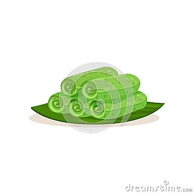 Flat vector icon of kuih ketayap on green leaf. Traditional Malaysian dessert. Sweet food. Asian cuisine Vector Illustration