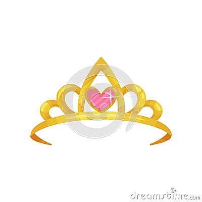 Cartoon icon of shiny princess crown with precious pink stone in shape of heart. Golden ancient queen tiara. Symbol of Vector Illustration