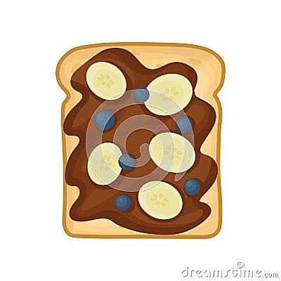 Flat vector icon of sweet sandwich with chocolate butter, slices of banana and blueberries. Tasty snack for breakfast or Vector Illustration