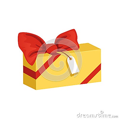 Cartoon icon of yellow rectangular gift box with big red bow and tag. Present for holiday. Happy Birthday theme. Flat Vector Illustration