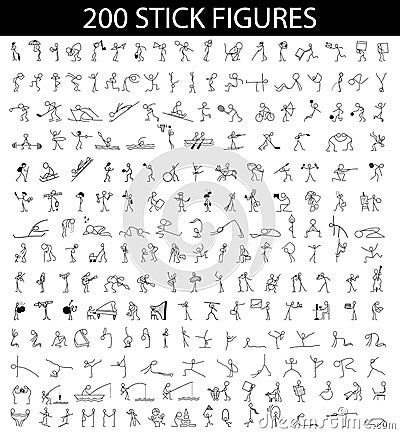 Cartoon icons set of 200 sketch little people stick figure Vector Illustration