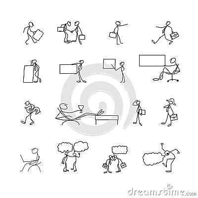 Cartoon icons set of sketch stick business figures in cute miniature scenes. Vector Illustration