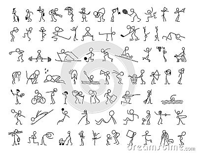 Cartoon icons set of sketch stick figures in cute miniature scenes. Vector Illustration