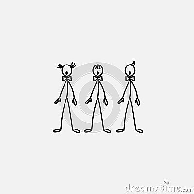 Cartoon icons of sketch stick singer figures trio in cute miniature scenes. Vector Illustration
