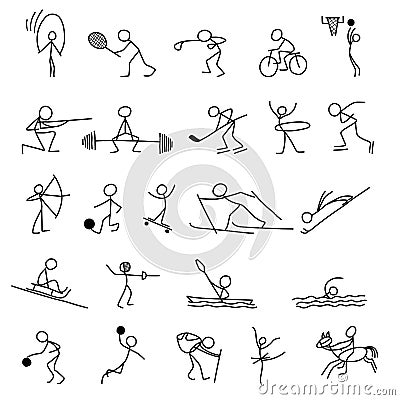Cartoon icons sport set of stick figures sketch little people Vector Illustration
