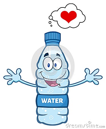 Cartoon Illustatio Of A Water Plastic Bottle Mascot Character Thinking Of Love And Wanting A Hug Vector Illustration