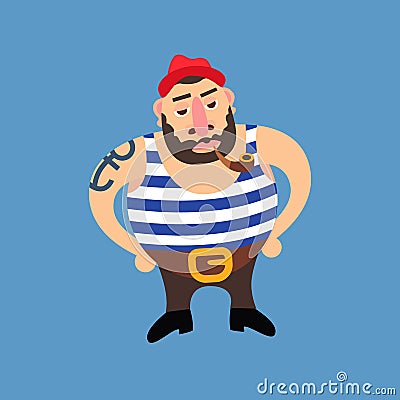 Cartoon illustration of a bearded sailor in a red hat smoking a pipe having an anchor tatoo Vector Illustration