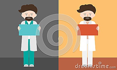 Cartoon illustration of a bearded standing man, doctor or professor. Holding in hand blank sign or baner of different colors with Vector Illustration