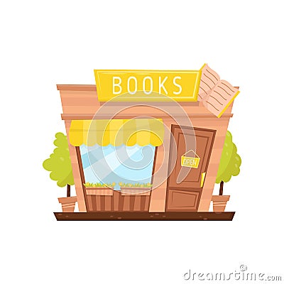 Cartoon vector icon of book store facade. Building with signboard, wooden door, big window, awning and decorative plants Vector Illustration