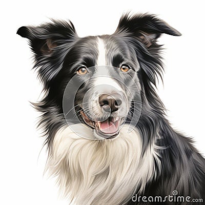 Realistic Black And White Dog Portrait: Detailed Charcoal Drawing Of A Border Collie Cartoon Illustration