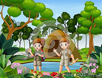 Boy and girl scout camping in nature Vector Illustration