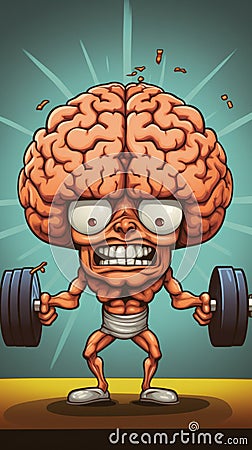Cartoon Brain Lifting Barbell - Inspirational Fitness and Mental Strength. Generative AI. Cartoon Illustration