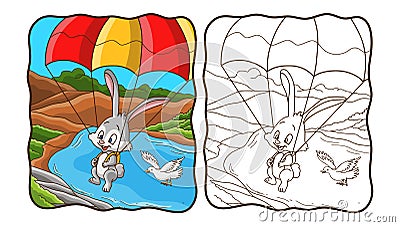 Cartoon illustration bunny skydiving with a dove coloring book Cartoon Illustration