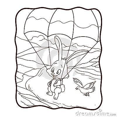 Cartoon illustration bunny skydiving with a dove coloring book Cartoon Illustration