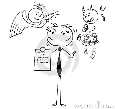 Cartoon Illustration of Businessman or Salesman Offering Contract and Deciding Between Being Good or Bad Person Vector Illustration