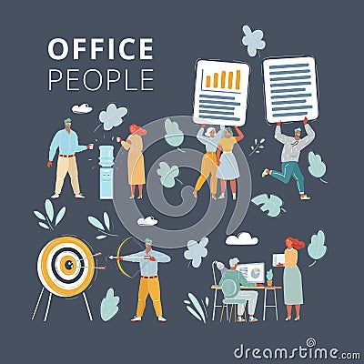 Cartoon illustration of Businessteam working together on project set. People on dark background. Office team working at workspaces Cartoon Illustration